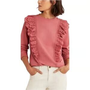 BODEN Embroidery Insert Eyelet Ruffle Sweatshirt Dusty Red Pink Sz 10 {H32}